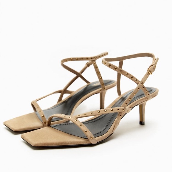 Zara Sandy Brown Studded Heeled Suede Sandals - Picture 6 of 9